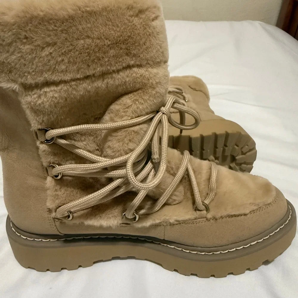 JLO Jennifer Lopez Tan Faux Fur Lined Lace Up Winter Snow Boots Lug Sole 7M 37.5